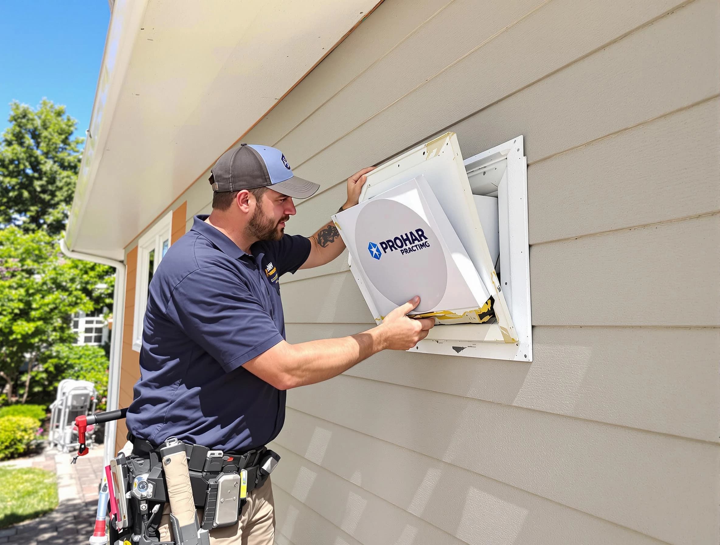 Fountain Hills Dryer Vent Cleaning technician installing a new protective dryer vent cover on a home in Fountain Hills