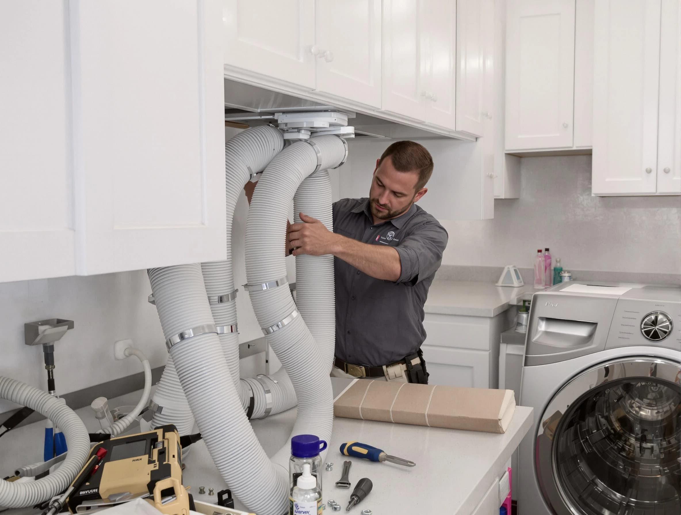 Fountain Hills Dryer Vent Cleaning technician installing a new professional-grade dryer vent hose in Fountain Hills