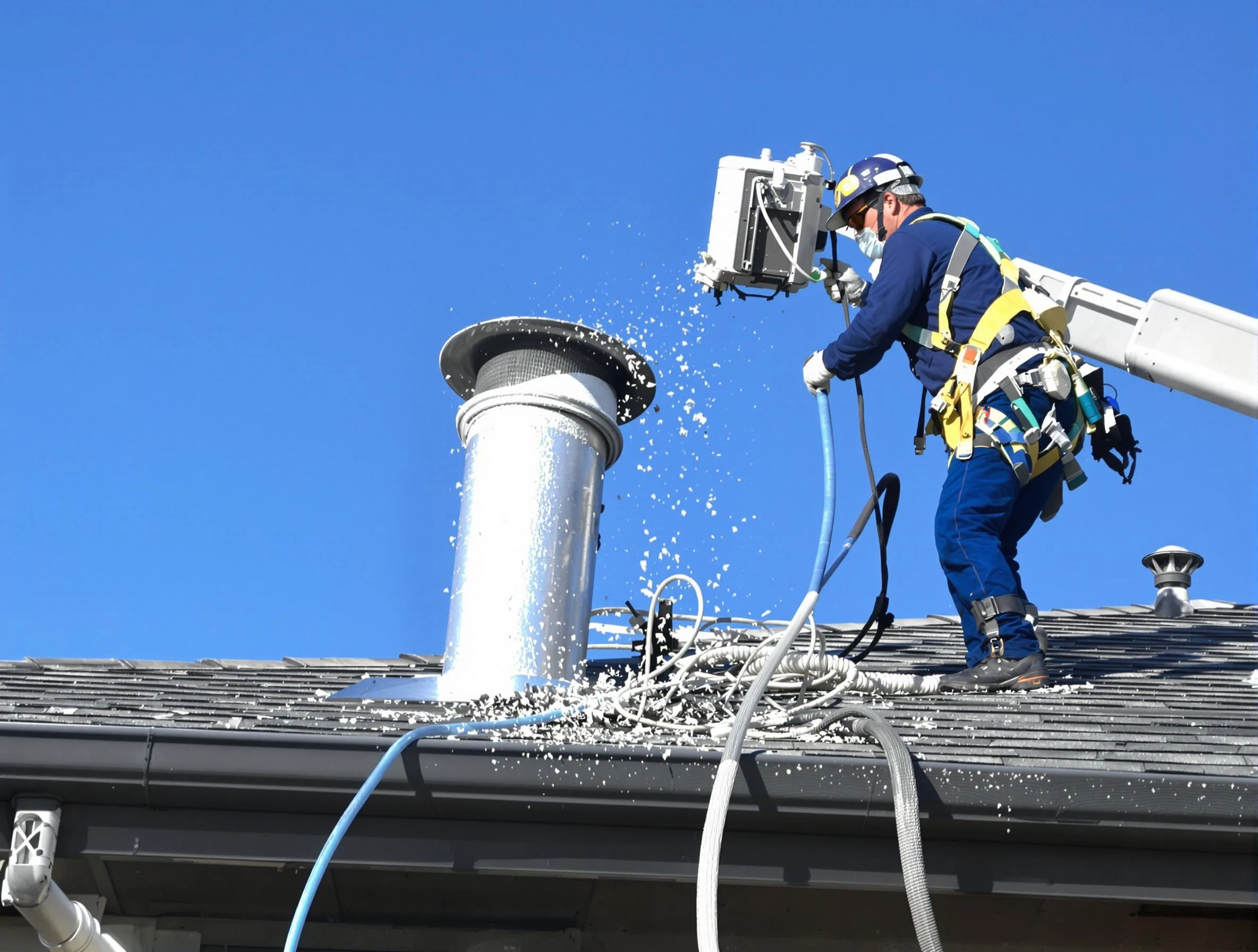 Fountain Hills Dryer Vent Cleaning certified technician safely cleaning a roof-mounted dryer vent in Fountain Hills